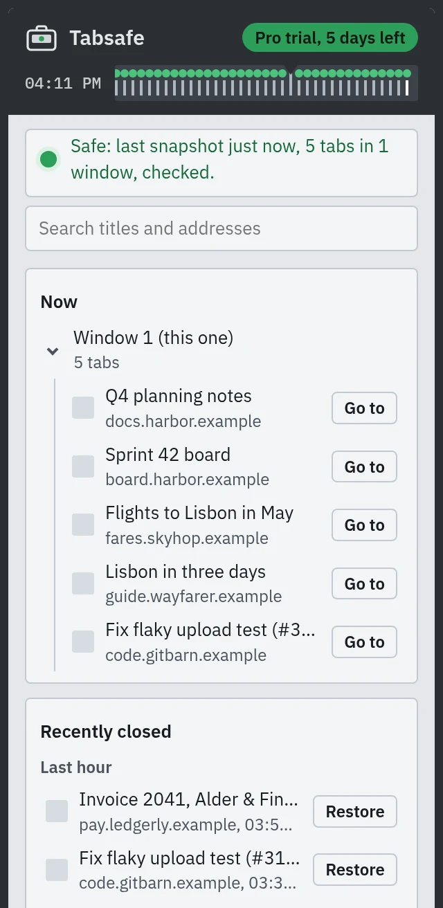 The Tabsafe panel: the open window with five tabs, then recently closed tabs grouped by hour and day, each with a Restore button.