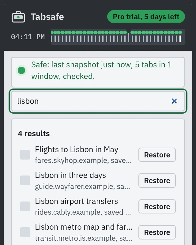 Search results for lisbon across snapshots and closed tabs in the Tabsafe panel.